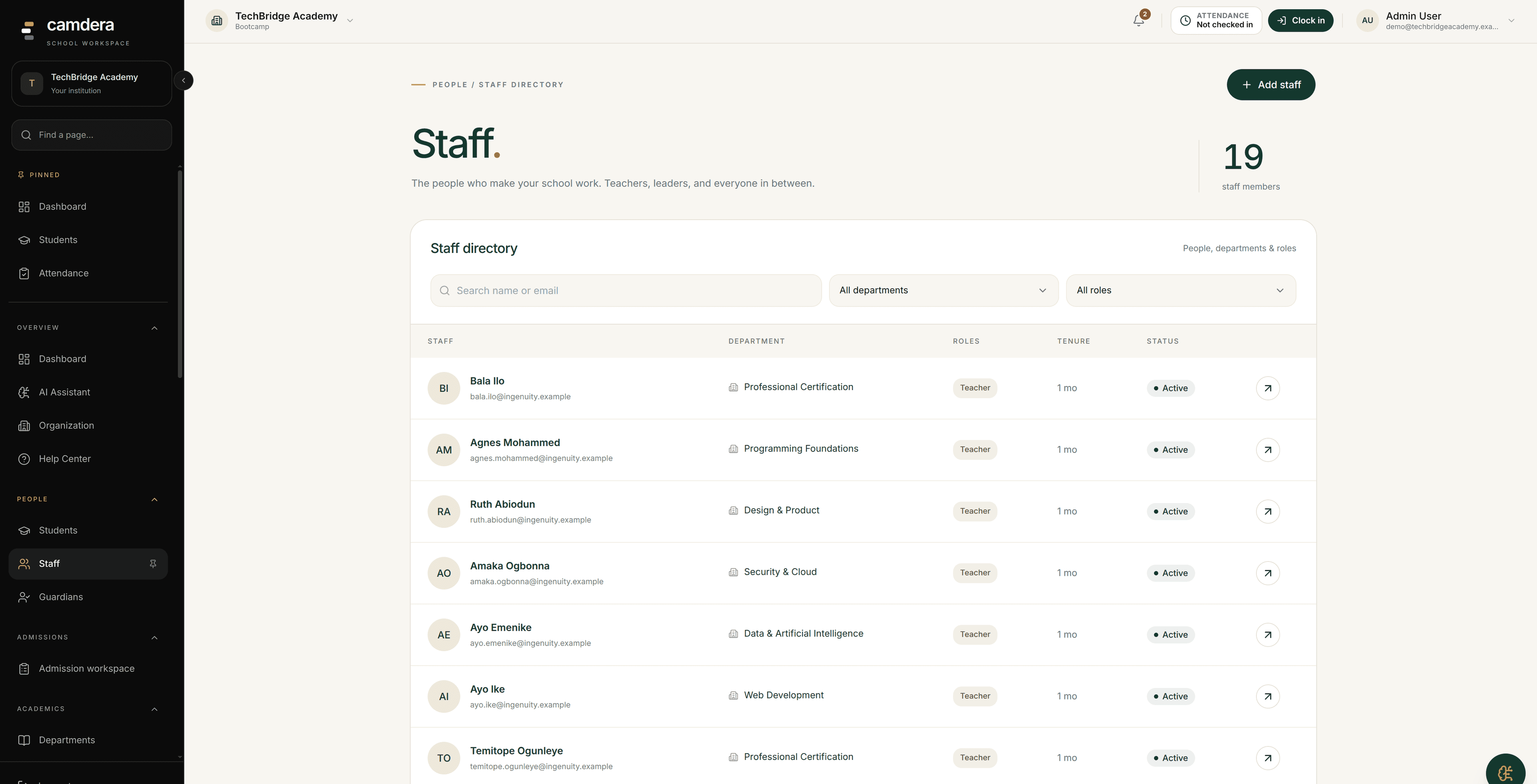 Camdera Staff directory showing staff search, department and role filters, and staff records using demo data